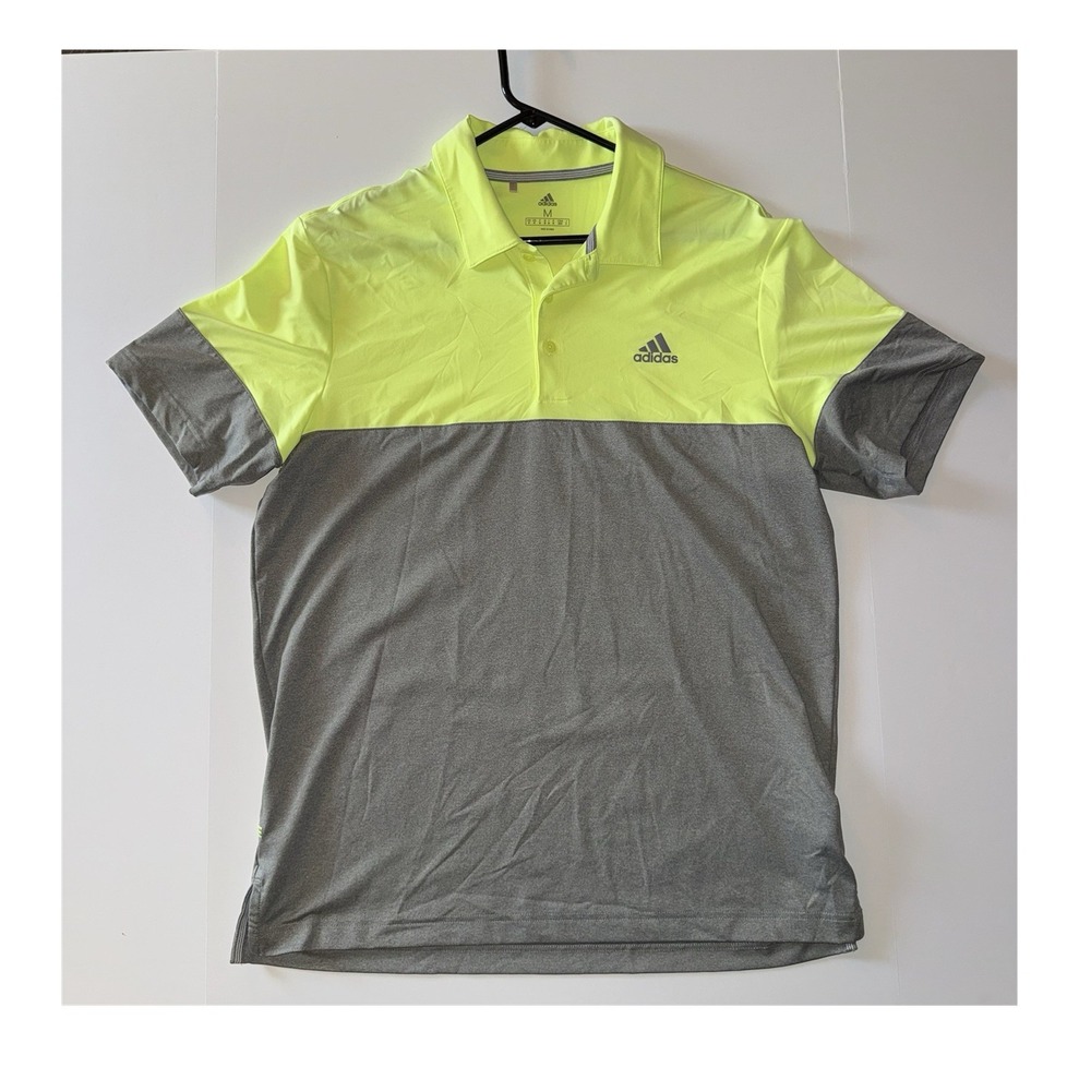 Men's Medium adidas Polo Shirt Yellow Gray Colorblock Short Sleeve Collared Logo